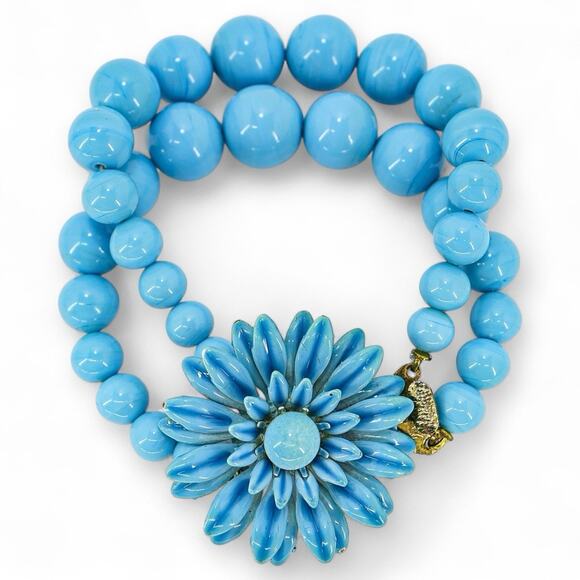 Vintage Style Blue Daisy Bead Bracelet Flower Power 7” Cottagecore Kitsch OOAK - Picture 1 of 8